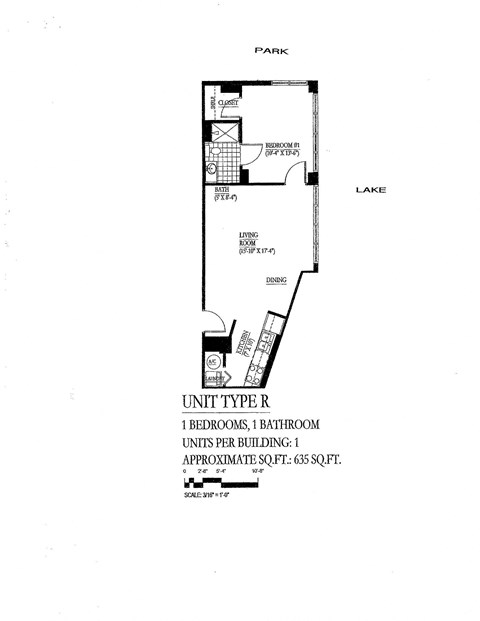 Floor plan for 1 bed, 1 bath, 635 sqft